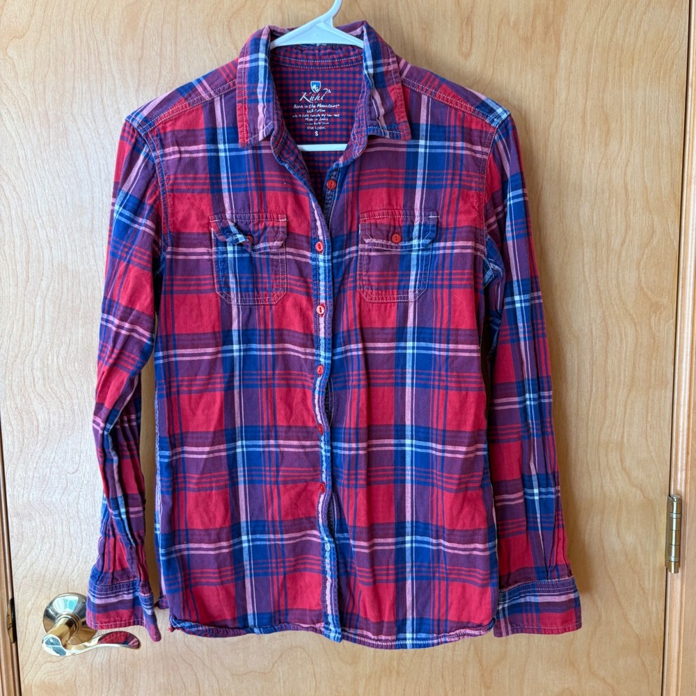 Kuhl Plaid Flannel Button Down Women Small Red Blue Long Sleeve Cotton Shirt